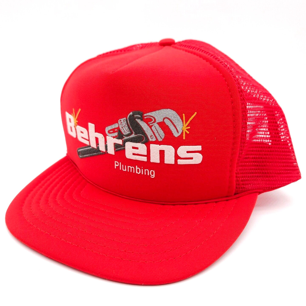 Vintage Behrens Plumbing Snapback Mesh Trucker‎ Rope Hat Wrench Logo Cap Red